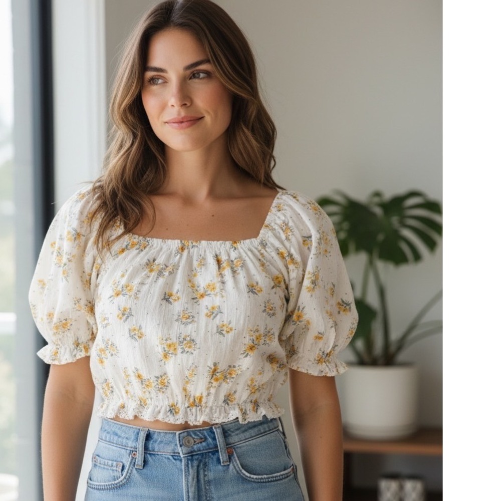 Intimately Free People Floral Puff Sleeve Crop Top Cottagecore Boho Prairie Chic